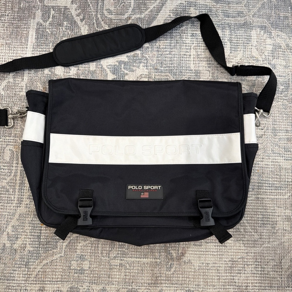 Vintage Polo Sport Ralph Lauren Black Large Messenger Bag.